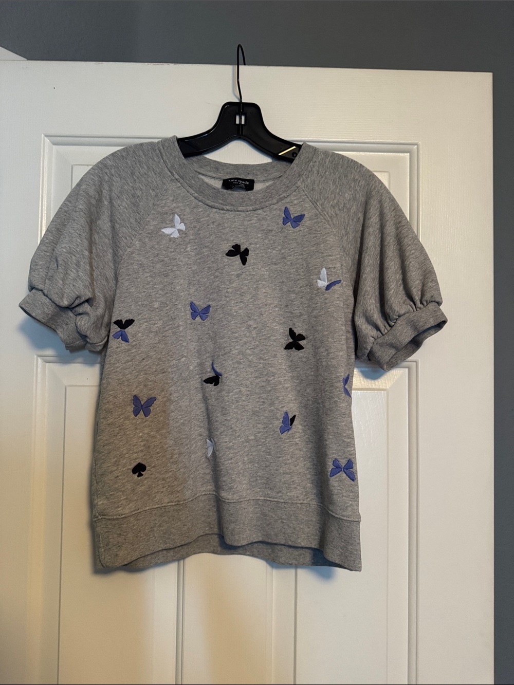 Gray Butterfly Embroidered Short Sleeve Sweatshirt Kate Spade